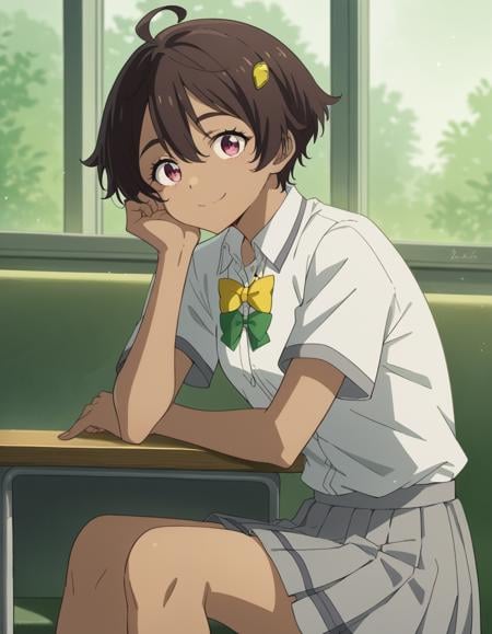 score_9, score_8_up, score_7_up, source_anime, <lora:lemon-yakishio-alpha-ponyxl-lora-nochekaiser:1>, lemon yakishio, short hair, brown hair, ahoge, pink eyes, hair clip, hair between eyes, dark skin, dark-skinned female, skirt, shirt, bow, school uniform, white shirt, short sleeves, pleated skirt, bowtie, yellow bow, grey skirt, yellow bowtie, green bow, green bowtie,, indoors, smile, looking at viewer, solo, sitting, head rest,, cowboy shot, dutch angle