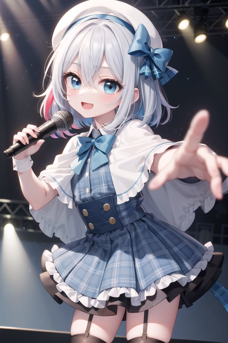 insanely detailed, absurdres, ultra-highres, ultra-detailed, best quality,1girl, solo, nice hands, perfect handsBREAK(nsfw:-1.5),(gothic drress, Idol costume:1.3), (blue and white theme:1.2), (white blouse:1.4), (white collar, tie:1.3), (open short-cape:1.3), (short sleeve:1.2), (blue tartan-check pattern (ruffle-skirt, multilayer-skirt):1.4), (white basque-beret with ribbon:1.3), (Fishnet stockings:1.3), (glove:1.2), (cleavage:-1.5)BREAKhappy smile, laugh, open mouth, (standing, singing, dancing, holding microphone:1.4)BREAK,seductive pose, cowboy shotBREAKslender, kawaii, perfect symmetrical face, ultra cute girl, ultra cute face, ultra detailed eyes, ultra detailed hair, ultra cute, ultra beautifulBREAKindoors, concert hall, idol live, crowded audienceBREAKmedium breastsBREAK(random color hair, multicolored hair:1.2), rainbow color eyes, messy hair, hair between eyes