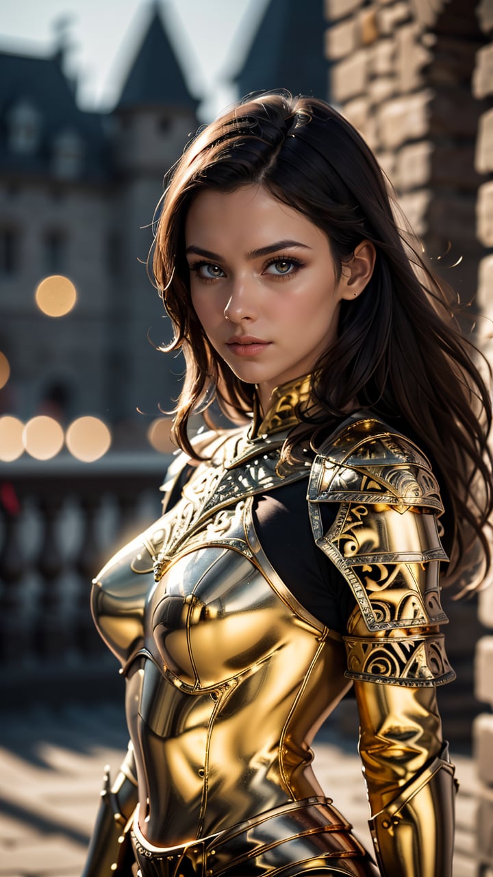 Portrait of a girl, the most beautiful in the world, (medieval gold armor), metal reflections, upper body, outdoors, intense light, far away castle, professional photograph of a stunning woman detailed, perfect bobbed sexy intense black hair, sharp focus, dramatic, award winning, cinematic lighting, volumetrics dtx, (film grain, blurry background, blurry foreground, bokeh, depth of field, interaction, Perfect chainmail), (masterpiece), (extremely intricate:1.3), (realistic)