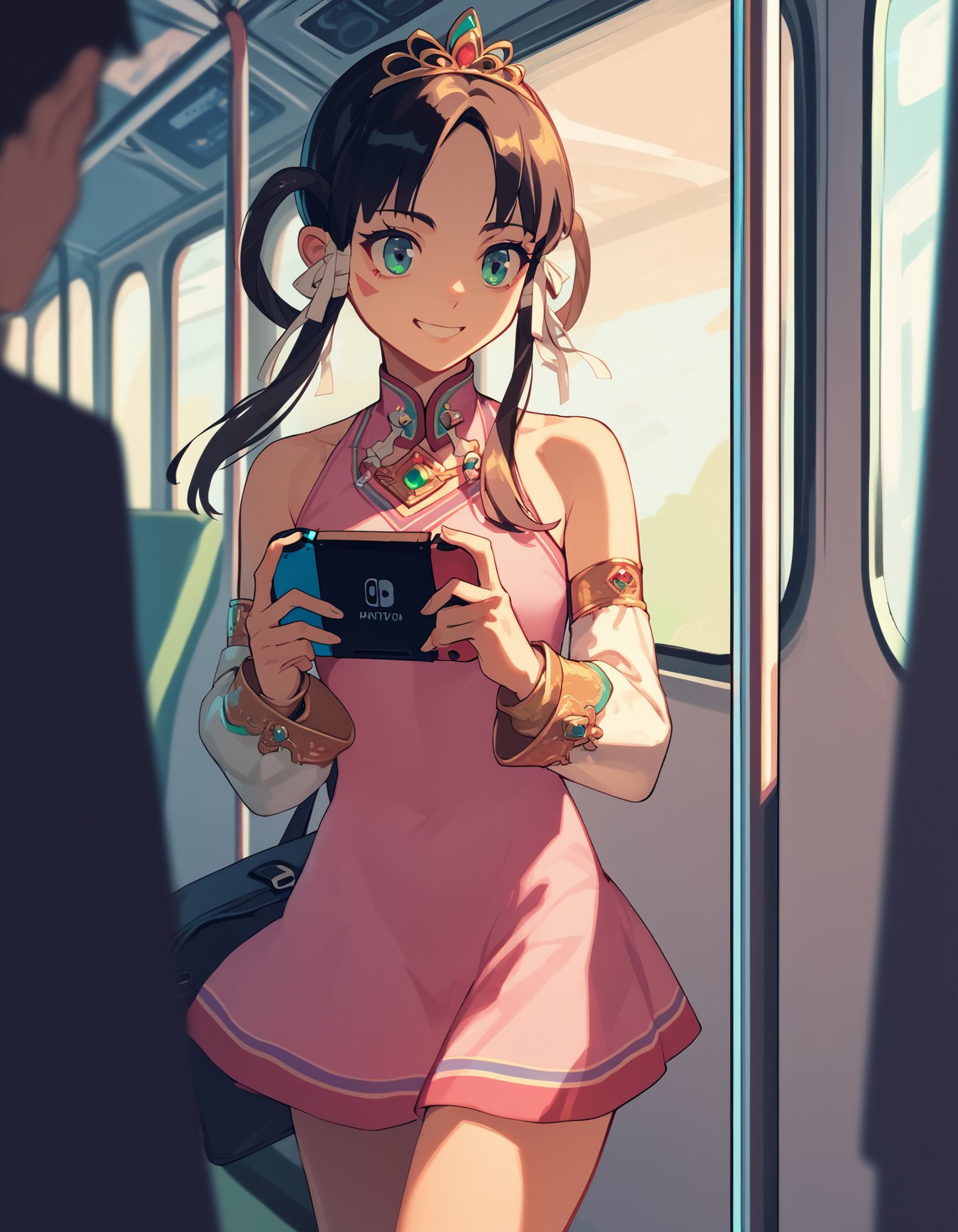 score_9,  score_8_up, score_7_up, source_anime <lora:rayfa-ponyxl-000017:1> rayfa, tiara, bare shoulders, short dress, pink dress, detached sleeves,1girl, nintendo switch, happy, train interior, sunset