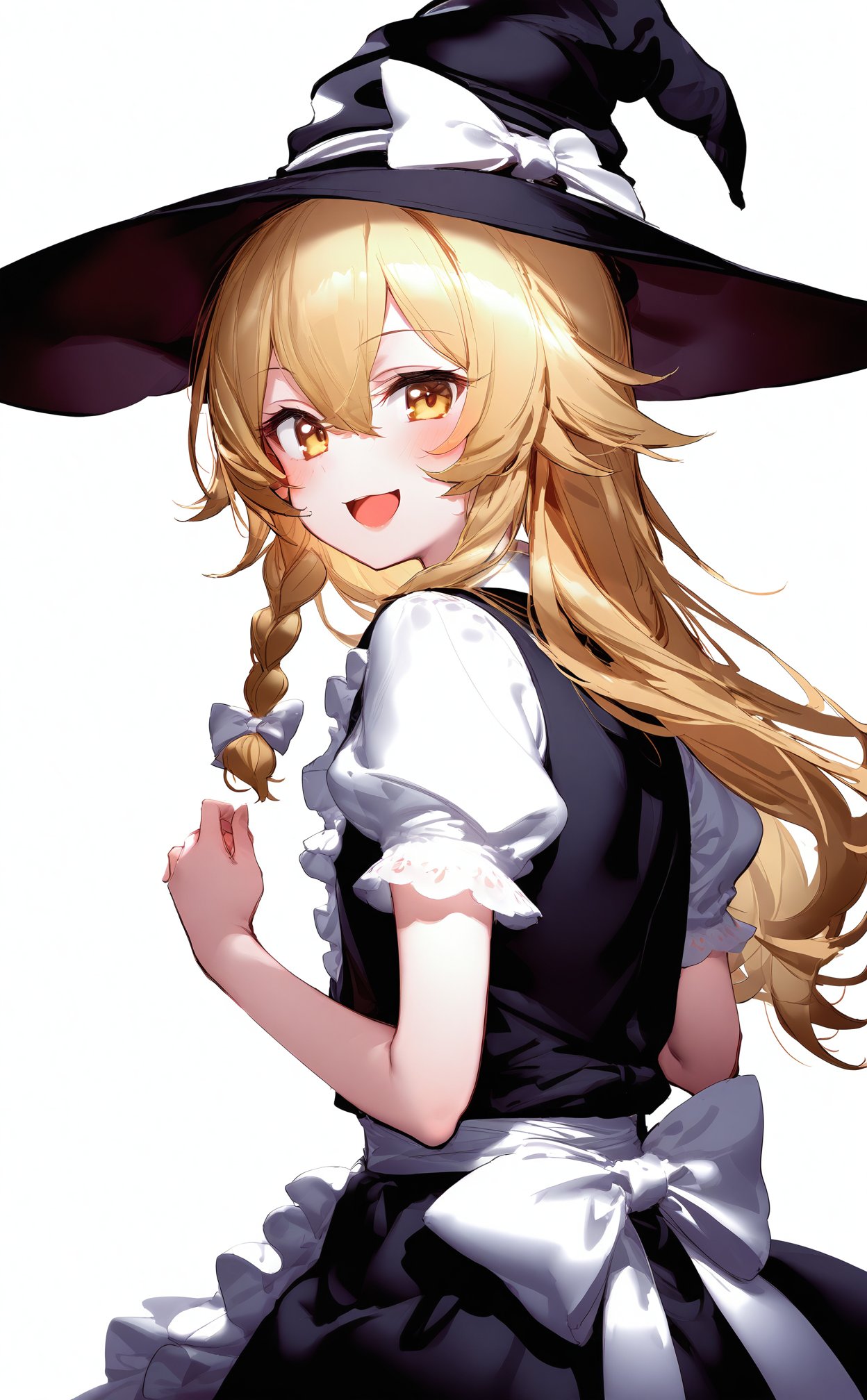 masterpiece,best quality,high quality,(colorful),loli,1girl,kirisame marisa,solo,hat,witch hat,blonde hair,long hair,braid,bow,blush,yellow eyes,short sleeves,looking at viewer,hat bow,simple background,apron,vest,single braid,black headwear,white bow,black vest,open mouth,smile,shirt,waist apron,puffy sleeves,white background,puffy short sleeves,hair bow,white shirt,back bow,upper body,white apron,frills,hair between eyes,skirt,black skirt,