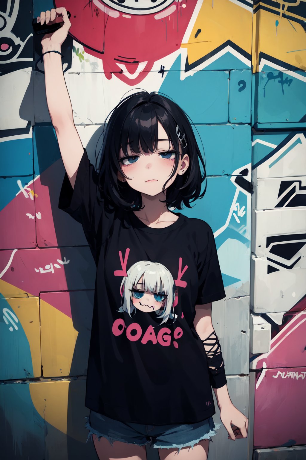 (Graffiti art:1.2), kawaii, illustration, (emo girl:1.4), (Depression:0.8), (milestone:0.4), (grin:0.3), solo, lower arms