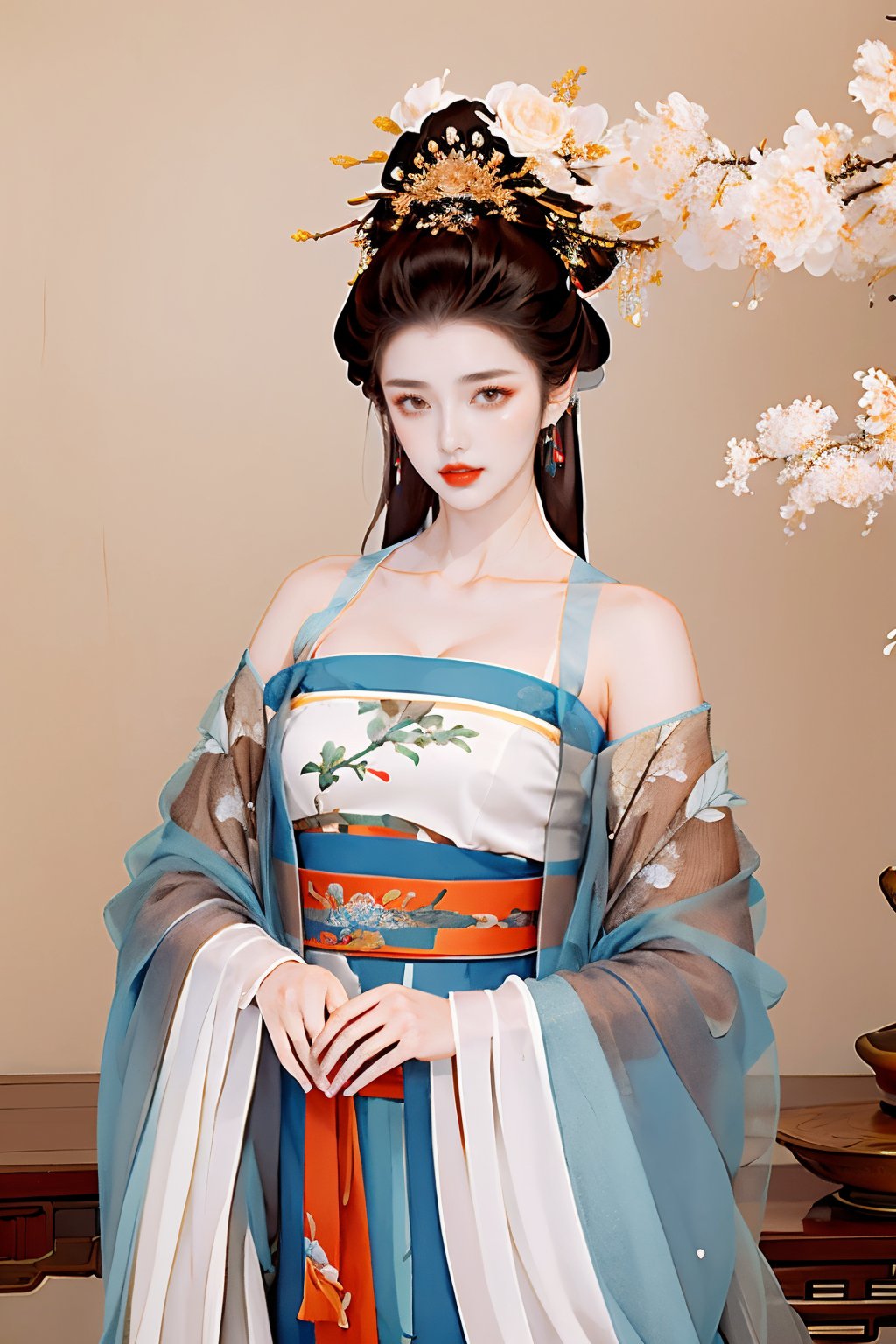 gufeng02,1girl,solo,flower,jewelry,hair ornament,earrings,chinese clothes,holding,branch,red lips,hair flower,brown hair,dress,hanfu,white flower,looking at viewer,upper body,long sleeves,wide sleeves,holding flower,indoors,bare shoulders,makeup,see-through,collarbone,breasts,brown eyes,sash,blue dress,shawl,<lora:gufeng2-1.5:1>,, masterpiece, best quality,