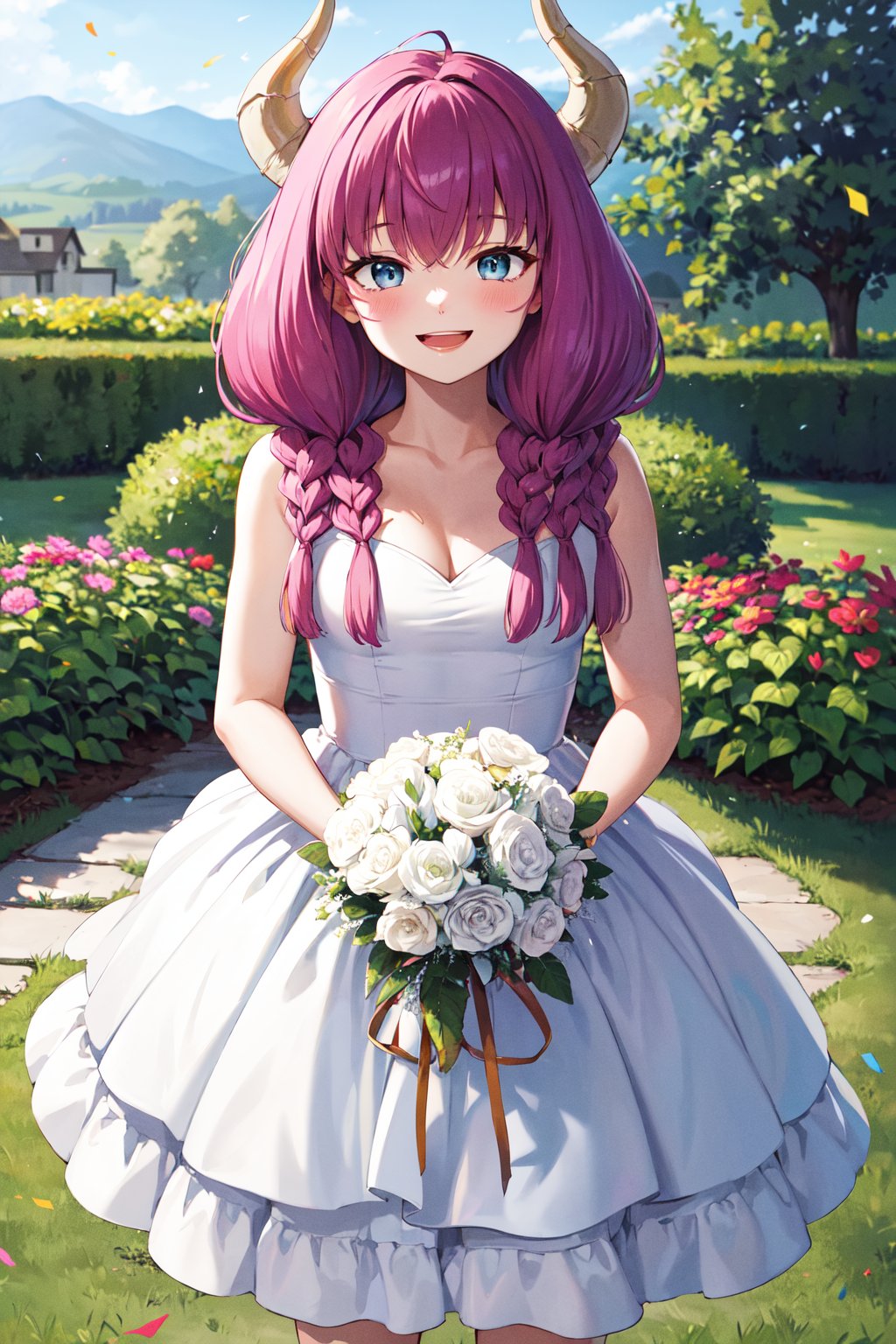 masterpiece, best quality, highres, aaaura, braid, twin braids, horns, blue eyes, <lora:aura_(sousou_no_frieren)_v1:0.8>, wedding dress, white dress, garden, smile, open mouth, holding bouquet, confetti, standing, cowboy shot, 