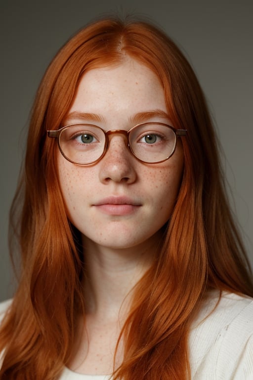 professional, masterpiece, 8k, hyperrealistic portrait of a 20yo cute ginger girl, long hair, redhead, glasses, (looking shy:1.3), freckles, detailed face, detailed skin, photography, hq, photorealistic,