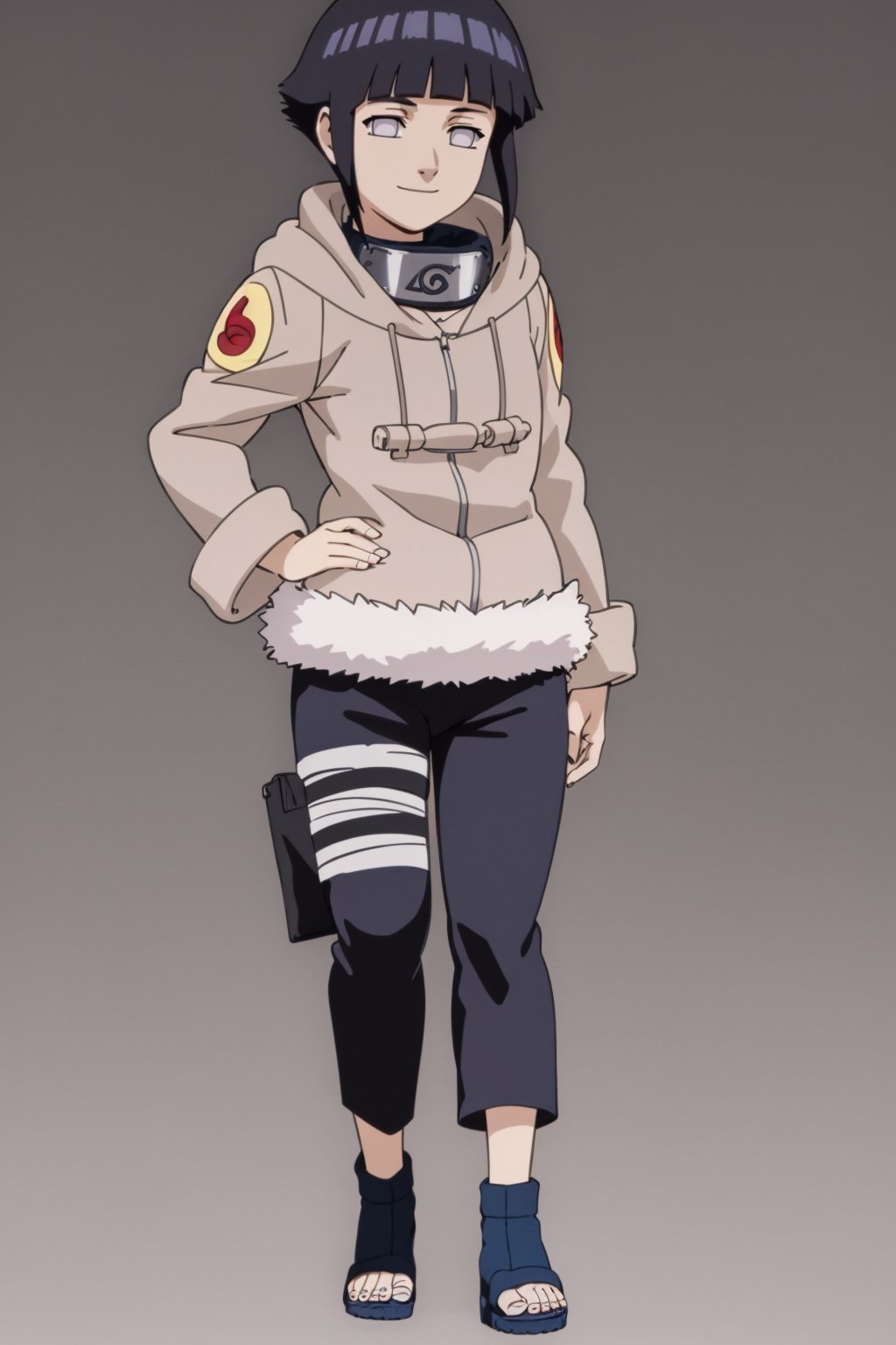 masterpiece, best quality,1girl,  hyuuga hinata, black hair, short hair, white eyes,  no pupils, coat, forehead protector, fur trim, konohagakure symbol, long sleeves, pant, sandals, hands on hips, standing, full body, solo, looking at viewer, smile, simple background <lora:HinataHyuga:1>