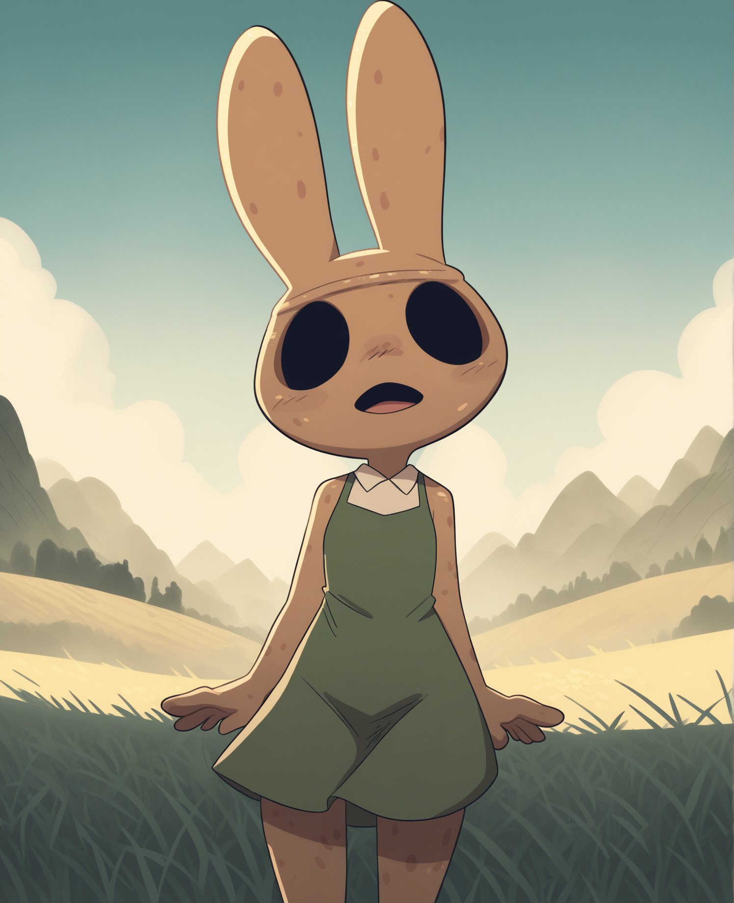 score_9, score_8_up, score_7_up, score_6_up, score_5_up, score_4_up, source_furry, cayz, fkg, coco \(animal crossing\), animate inanimate, gyroid, lagomorph, leporid, mammal, rabbit, anthro, biped, black eyes, clothed, clothing, empty eyes, female, noseless, open mouth, green clothing, dress, solo, standing, topwear, detailed background, outside, field, village, island, looking at viewer, simple eyes, simple face, from front, front view<lora:coco_pdxl:1>