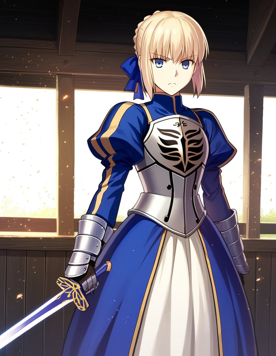 score_9, score_8, score_7, source_anime,rating_safe,1girl, solo, saber, excalibur \(fate/stay night\), armor, dress, shed, sunbeam, light particles, serious, standing