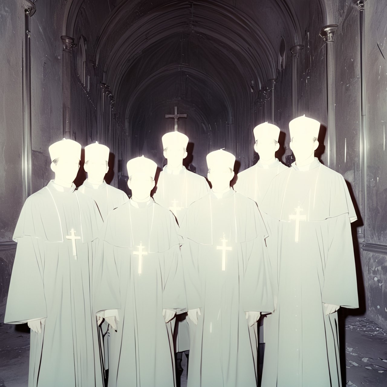 lghtshft_lora, glowing, portrait of group of priests together, close up, inside abandoned church, VHS, <lora:lightshift_lora:1.5>