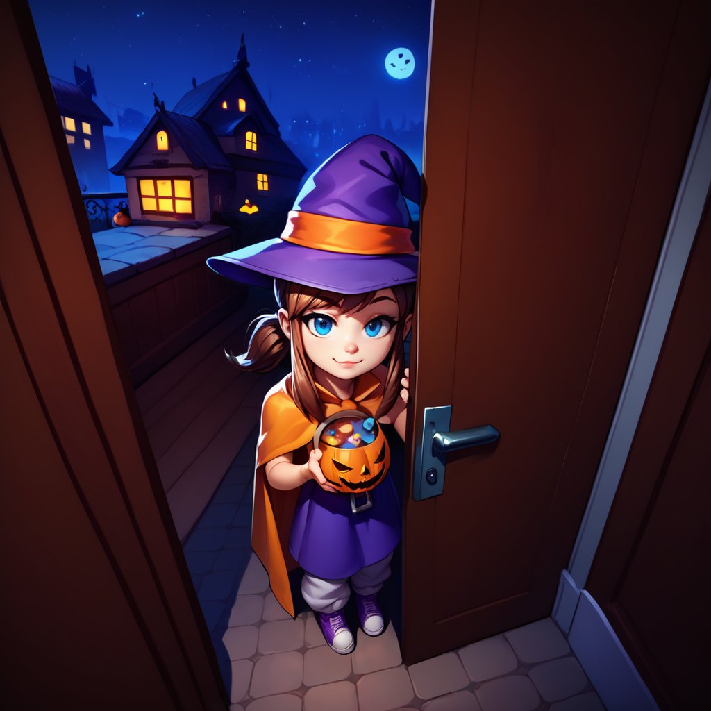 <lora:hatkid:1>,1girl,solo,hat-kid,brown hair,sidelocks,ponytail,blue eyes,beedroom eyes,witch hat,purple dress,yellow cape,zipper pull tab,white pants,from above,pov,trick or treat,doorway,threshold,open door,looking at viewer,smug,closed mouth,holding halloween bucket,outstretched hand,open hand,asking for candy,ghost,halloween,halloween theme,night,night sky,city,suburb,, score_9, score_8_up, score_7_up, perfect anatomy, source_anime, zPDXL2,