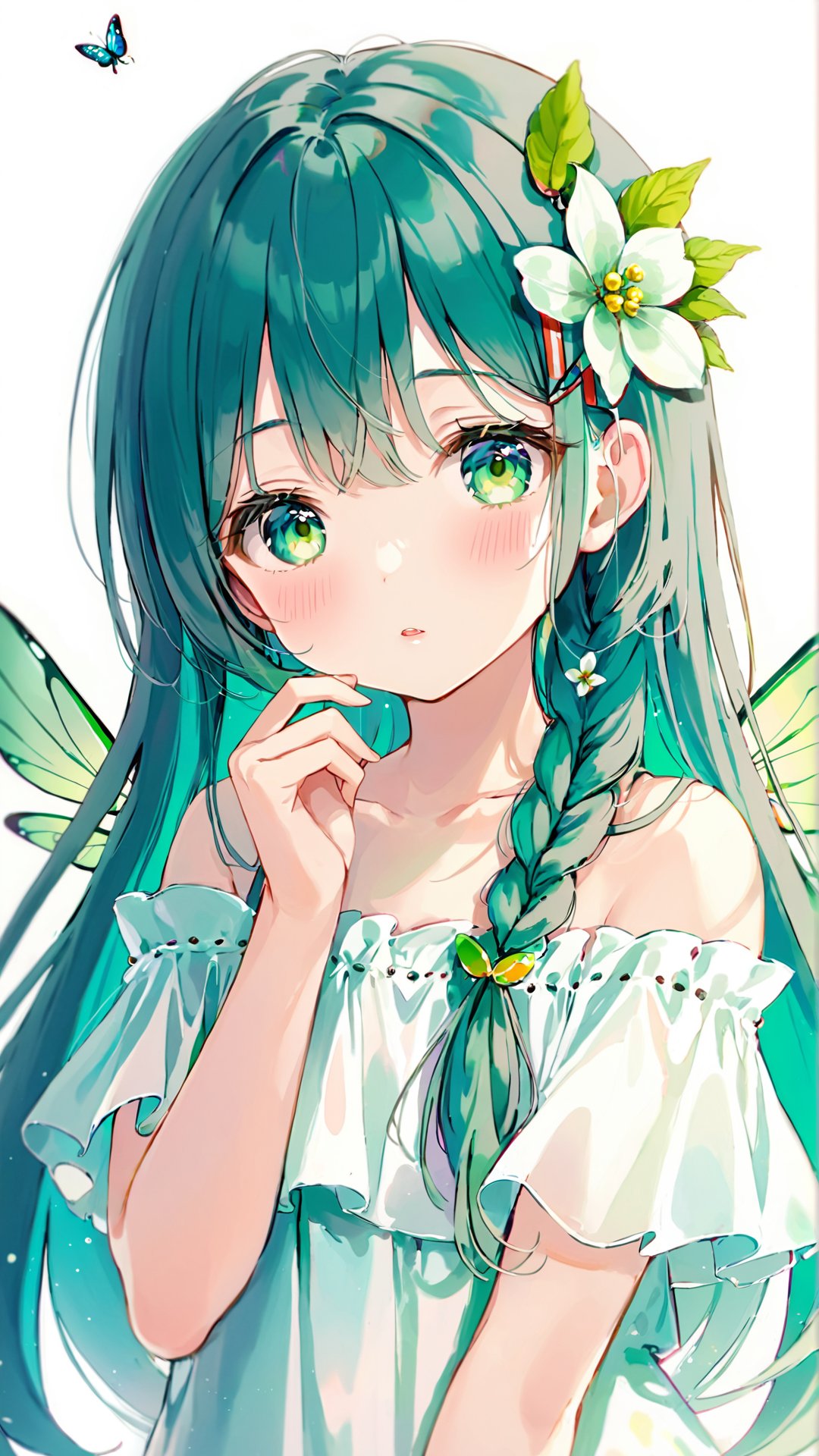 artist(roha), roha, , 1girl, solo, hair ornament, flower, braid, hair flower, dress, long hair, wings, looking at viewer, hair over shoulder, bare shoulders, white dress, bangs, blush, off shoulder, hand up, bug, white flower, upper body, parted lips, off-shoulder dress, aqua eyes, white background, green eyes, collarbone, green wings