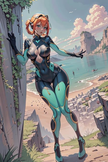 (masterpiece), (best_quality), (ultra-detailed), (illustration), (welcoming), 1girl, (spring (wasp:0.6) adventurer:1.3), (on a  cliff:1.3), scenery, (full body:1.4), orange hair, swept bangs, , blue-green eyes, pose, [:casual costume design:0.2], glowing eyes, medium breasts, tall, slim hourglass figure,skindentation, ((plugsuit, thigh cutout:1.2):1.2), (dark skin:1.3), official art, vivid color, finely detailed, hyper detailed, 8k, high resolution illustration, absurdres, intricate detail<lora:EnvyThiccMix01:1.2>