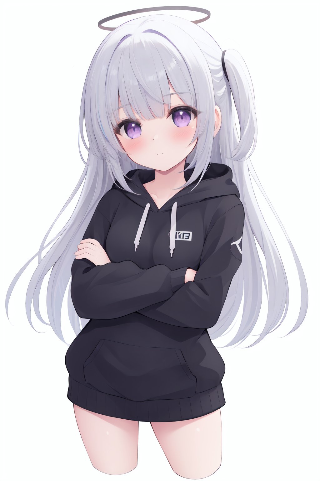 1girl, halo, solo, hoodie, long hair, hood, white background, simple background, looking at viewer, one side up, purple eyes, blue hoodie, white hair, bangs, sleeves past wrists, long sleeves, cropped legs, grey eyes, very long hair, crossed arms, closed mouth, blush, hood down, grey hair