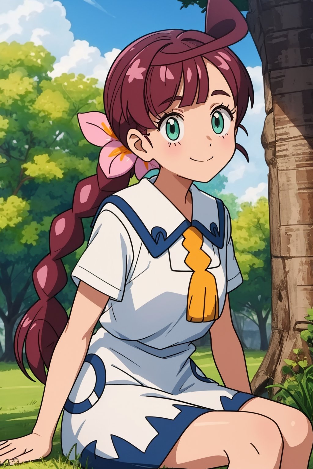 pkmnchloe, 1girl, solo, green eyes, purple hair, long hair, bangs, single braid, braided ponytail, hair ornament, hair flower, pink flower,school uniform, white dress, collared dress, short sleeves, neck tassel,smile,closed mouth,cowboy shot,sitting,forest,outdoor,(insanely detailed, beautiful detailed face, masterpiece, best quality) cinematic lighting,<lora:PKMN_Chloe_v3:1>, <lora:more_details:0.3>,