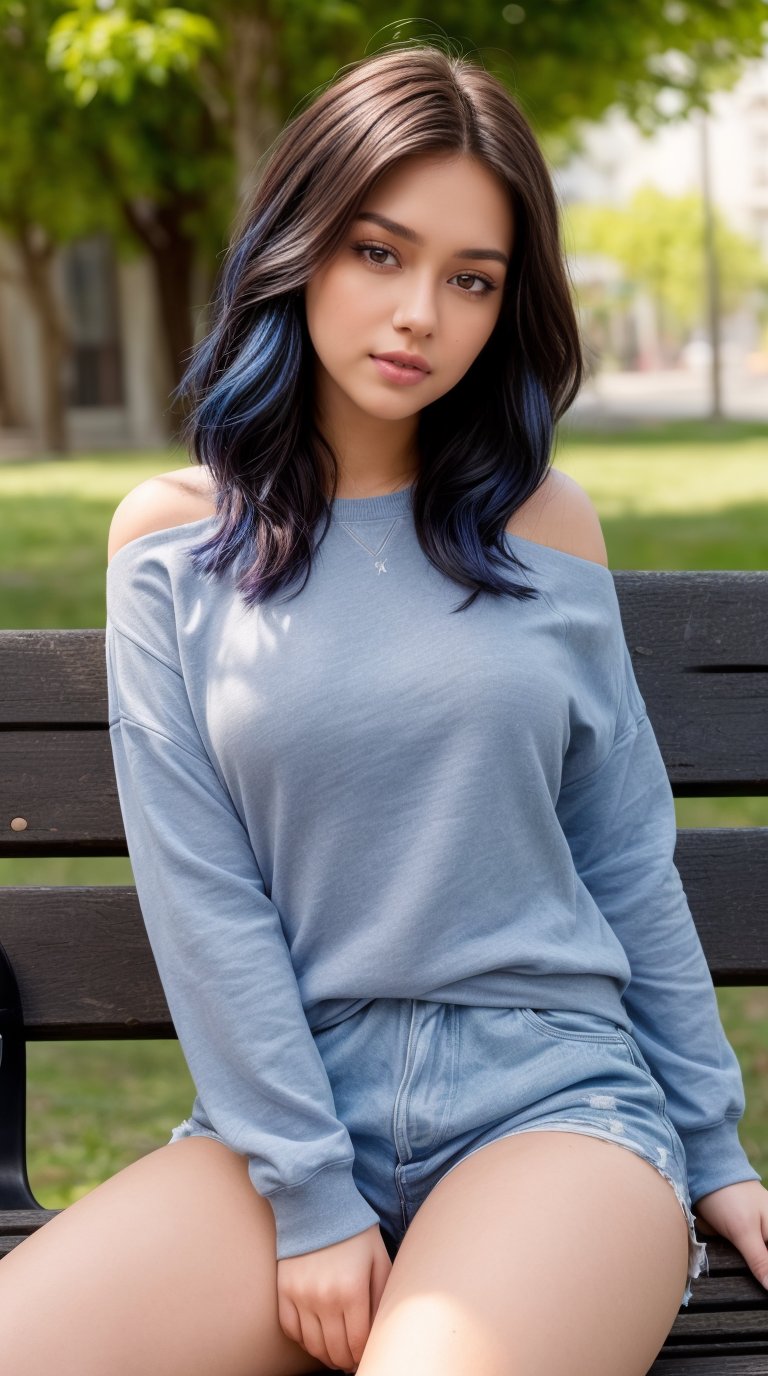 (masterpiece), 4K8K, (illustrations), (high shutterspeed:1.5), (sharp edges), 1girl, about 24 years old, (looking dwon:1.4), sitting on Park bench, brown eyes, cat eyes, ((deep blue hair:1.2), long wave hair ), medium breasts,Height 162cm,wearing shoulder off sweatshirt, public indecency,(happy,blush:1.3), <lora:add_detail:1>