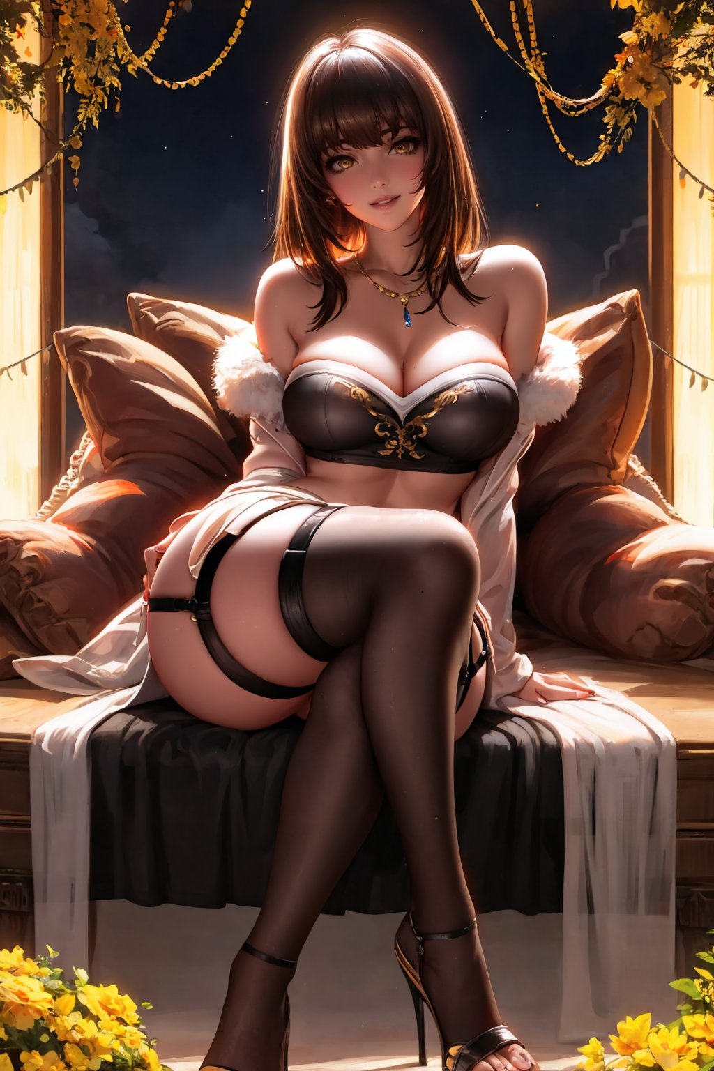 (masterpiece, best quality:1.2), <lora:liangxing:1>, liangxing, breasts, 1girl, large breasts, thighhighs, cleavage, sitting, solo, looking at viewer, jewelry, brown hair, thighs, high heels, bare shoulders, necklace, yellow eyes, crop top, skirt, parted lips, nail polish, garter straps, bangs, smile