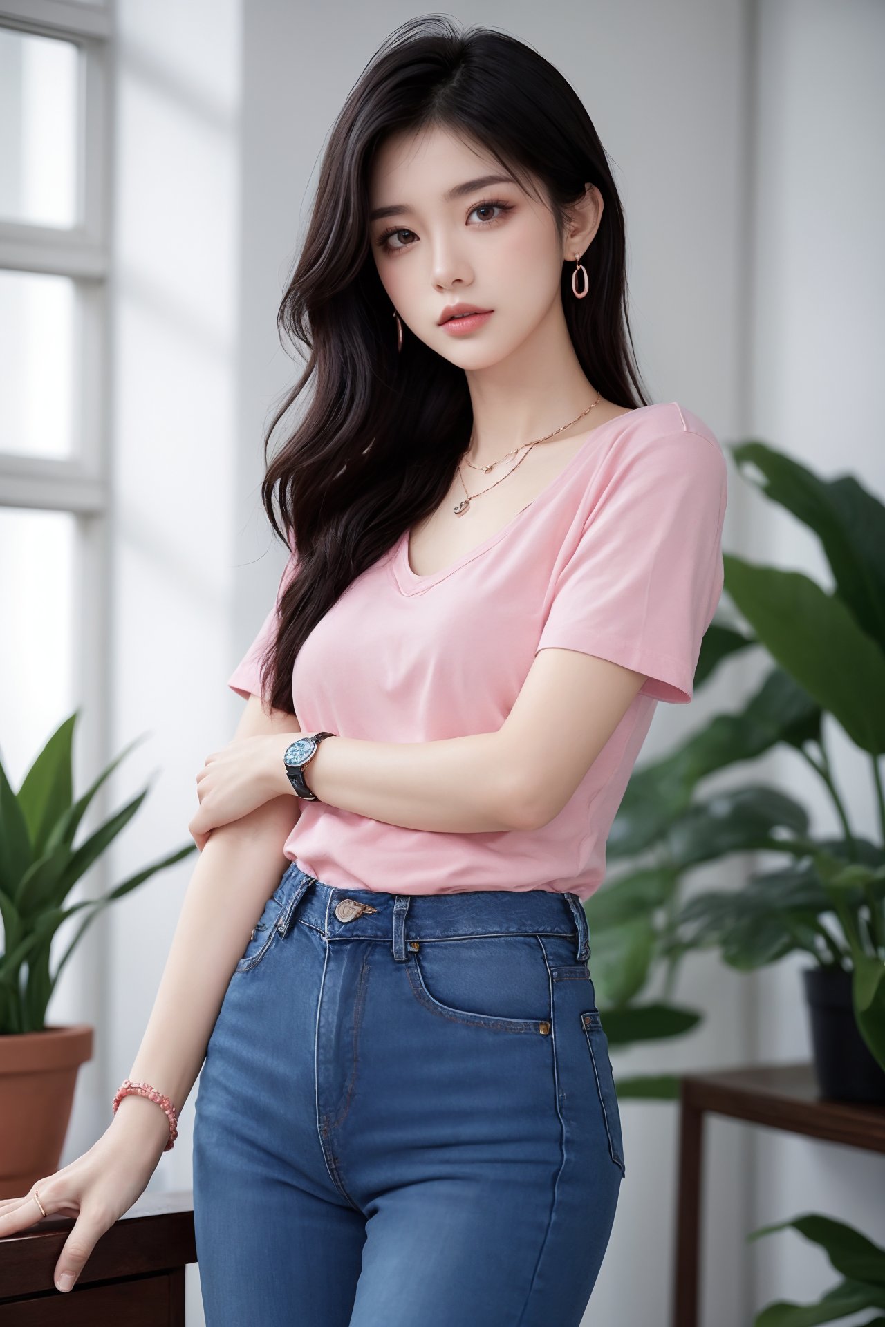 1girl, 3d, black hair, blurry, blurry background, blurry foreground, bracelet, brown eyes, denim, depth of field, indoors, jeans, jewelry, lips, looking at viewer, necklace, office, pants, photo \(medium\), photorealistic, pink shirt, plant, potted plant, realistic, shirt, solo, standing, watch, wristwatch  <lora:美女:0.66>