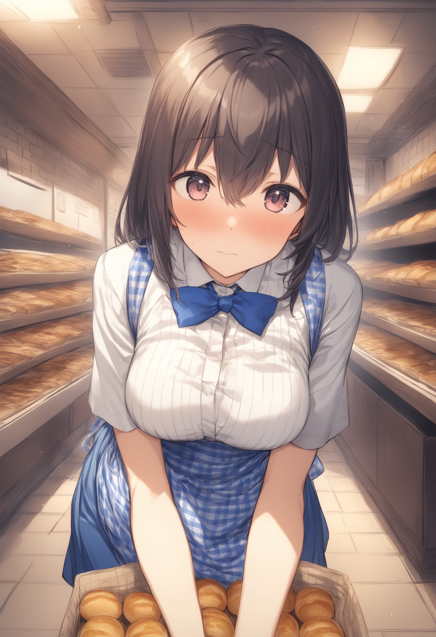 1girl, <lora:sdxl2-flat2-512b:-1>,medium breasts,<lora:kobeyaXLv1:0.8>,kobeya uniform,blue skirt, blue neckwear, gingham apron, Bakery,ceiling, wide shot, looking up, embarrassed,  closed mouth,best quality,medium quality,