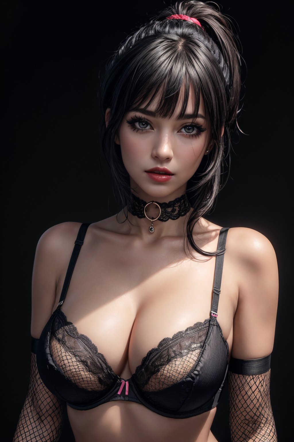 (ultra realistic,32k, masterpiece:1.2),(high detailed skin:1.1),( 8k uhd, dslr, high quality:1.1), 1girl, black hair, ponytail and bangs,<lora:Sexy Lingerie 4 By Stable Yogi:0.5>fishnet thighhighs, panties, bra, choker,, , <lora:add_detail:0.81>, (red lips:0.8), (mascara:1.1),(huge breast:0.9),(looking at viewer, portrait:1.1),,(glow in the dark:1.1),blank background
