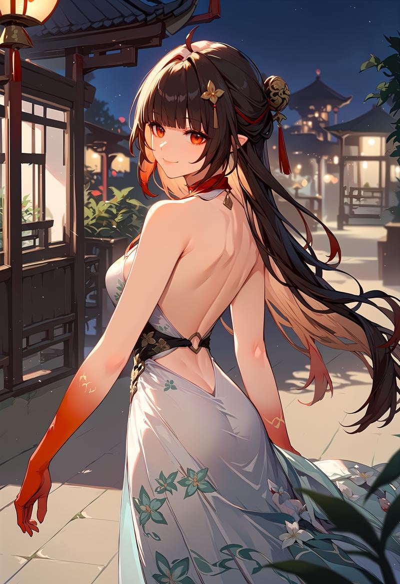 (score_9, score_8_up, score_7_up), 1girl, lingsha, white backless dress, floral print, bare arms, red limbs, smile, closed mouth, night, blurry background, <lora:lingsha-strPO-vzar-000008:0.8>