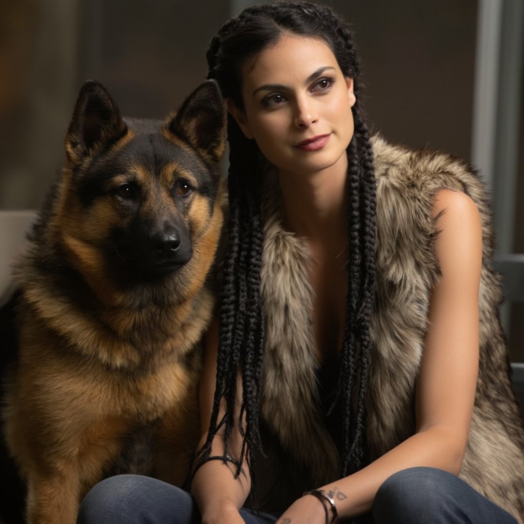 morena_baccarin, A woman is sitting next to a dog. The woman has long braids in her hair. There is a fur vest on the woman. The dog is brown and black, <lora:MorenaBaccarinF1D:1>