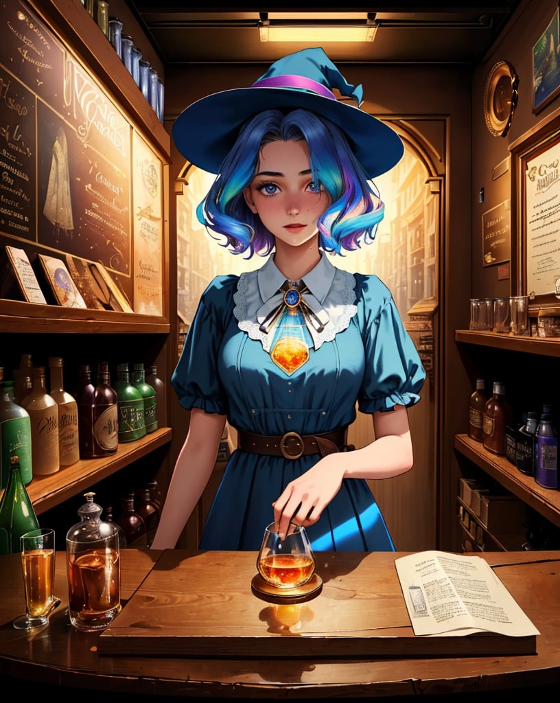 masterpiece, best quality, portrait of a 18yo woman ,  (underground speakeasy prohibition era:1.1) ,  color photo, cinematic, cinematic lighting, whimsical witch potions alchemy beakers lab caludron rainbow colors, anime, gorgeous 18-year-old woman, perfect eyes, graceful, landscape shot,  upper body, looking at viewer, standing, happy, enthusiastic