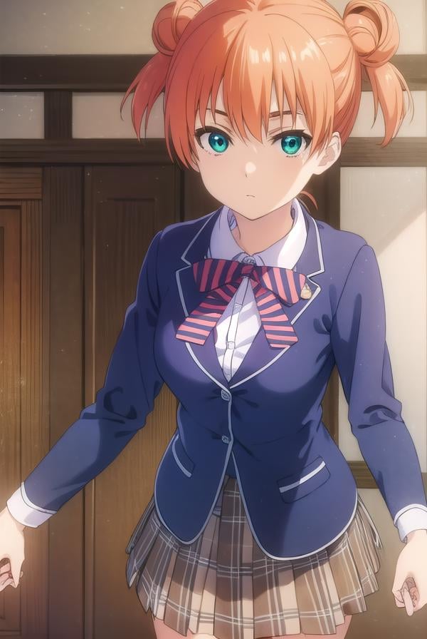 yuukiyoshino, <lora:yuuki yoshino s1-lora-nochekaiser:1>,yuuki yoshino, short hair, twintails, (green eyes:1.3), hair bun, orange hair, double bun,BREAK bow, school uniform, striped, bowtie, blazer, striped bowtie, blue blazer, brown skirt, plaid skirt, plaid,BREAK indoors, kitchen,BREAK looking at viewer, (cowboy shot:1.5),BREAK <lyco:GoodHands-beta2:1>, (masterpiece:1.2), best quality, high resolution, unity 8k wallpaper, (illustration:0.8), (beautiful detailed eyes:1.6), extremely detailed face, perfect lighting, extremely detailed CG, (perfect hands, perfect anatomy),