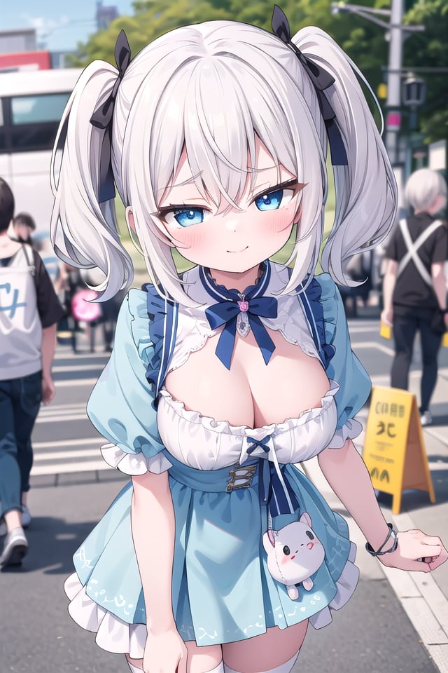 <lora:sensualface_type2_v3:1>insanely detailed, absurdres, ultra-highres, ultra-detailed, best quality,(wearing harajuku-style coordinate),1girl, solo, nice hands, perfect hands,happy smile, laugh, closed mouth,arms down, cowboy shot, looking at viewer,slender, kawaii, perfect symmetrical face, ultra cute girl, ultra cute face, ultra detailed eyes, ultra detailed hair, ultra cute, ultra beautiful,in city, tokyo, harajuku,large breasts, cleavage,ivory white hair, medium hair, blue eyes, hair between eyes