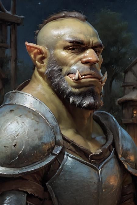 score_9, score_8_up, score_7_up, oil painting, traditional media, realistic, solo, male focus, mature male, orc, green skin, tusks, beard, outdoors, armor, looking at viewer, shoulder armor, breastplate, upper body, closed mouth, pauldrons, night, night sky, standing <lora:Cold Oil Style SDXL_LoRA_Pony Diffusion V6 XL:1>