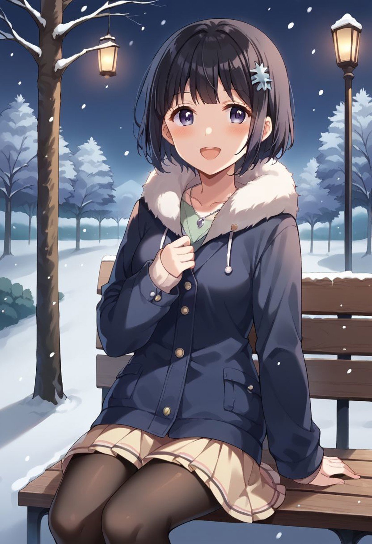 score_9, score_8_up, score_7_up, score_6_up, score_5_up, score_4_up,yasuraoka hanabi, black hair, short hair, purple eyes, 1girl, solo,  jewelry, necklace, brown eyes, tree, smile, skirt, open mouth, pantyhose, snow, bench, snowing, blush, looking at viewer, lamppost, :d, night, bare tree, sky, striped, outdoors, hair ornament, winter