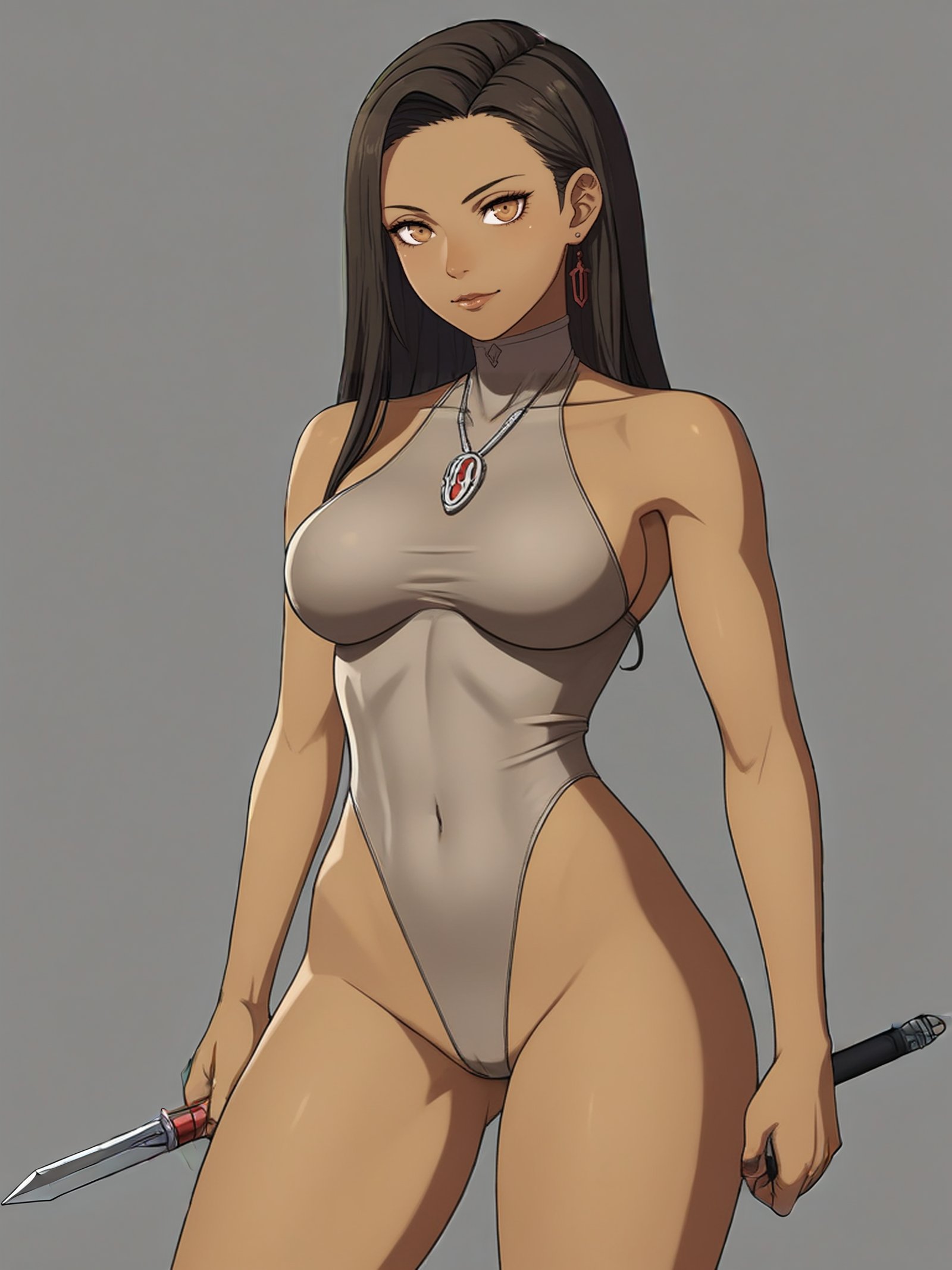 score 9 up, score 8 up, score 7 up, highres, absurdres, <lora:Nintendo_Intelligent_Systems_Various_Fire_Emblem_Character_GameCG_Artstyle_PonyXL:1> 1girl, leotard, dark skin looking at viewer, cameltoe, standing, sexy pose,