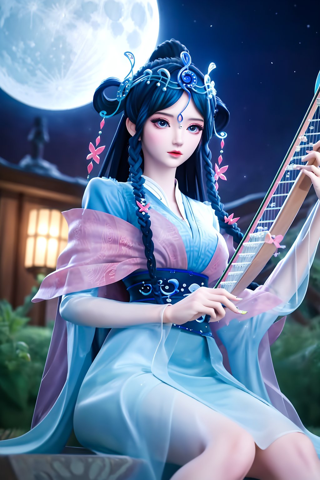 crystalstexture skin,best quality,masterpiece,ultra detailed,8k,RAW photo,realistic,photorealistic,ultra-detailed,intricate detail,extremely detailed,delicate pattern,masterpiece,looking at viewer,<lora:C_精灵叶罗丽_乐音_FEB_1.3:0.7>,1girl,solo,braid,hair ornament,long hair,twin braids,hair rings,makeup,sash,chinese clothes,forehead mark,bug,blue dress,sitting,music,harp,playing instrument,night,moon,