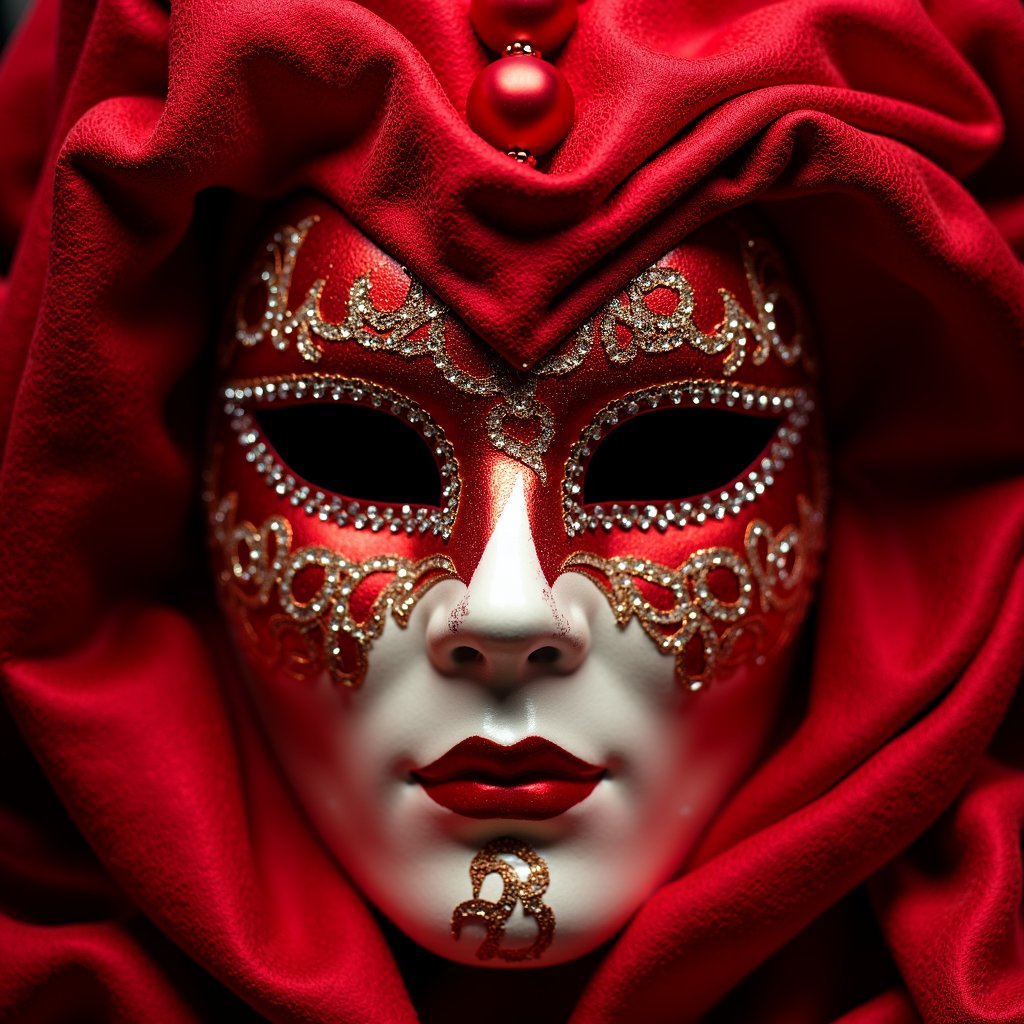 a close up of a red mask with red beads and hearts,masked,red adornments,( ( mask ) ),masks,carnival mask,masquerade mask,masked face,wearing a bejeweled mask,deep red background,dark red background,vampre the masquerade,the queen of hearts,drama masks,queen of hearts,masked heroes,mask,carneval,venetian red,theater mask,anonymous mask,masked person in corner,wearing mask,red adornements,super hero mask,from commedia dell'arte,gothic romance,love theme,carnival background,love is the most relevant theme,romantic themed,red color theme,fantasy blindfold,