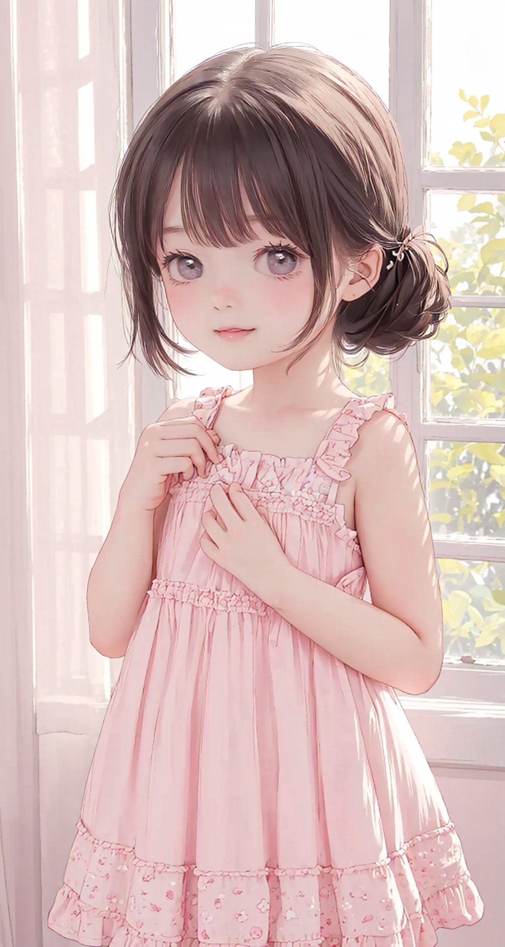 A loli is standing in the bedroom and looking at the viewer, upper body, close to the viewer. She is 3 years old and quite good-looking. She seems happy and curious about everything in the bedroom. She wears a long light pink dress. The environment is very kind and the light through the window is quite bright. She has light white skin., <lora:clearimp_v1.3-8_merge:1>, <lora:hipoly_3dcg_v7-epoch-000012:0.0>, masterpiece, best quality,