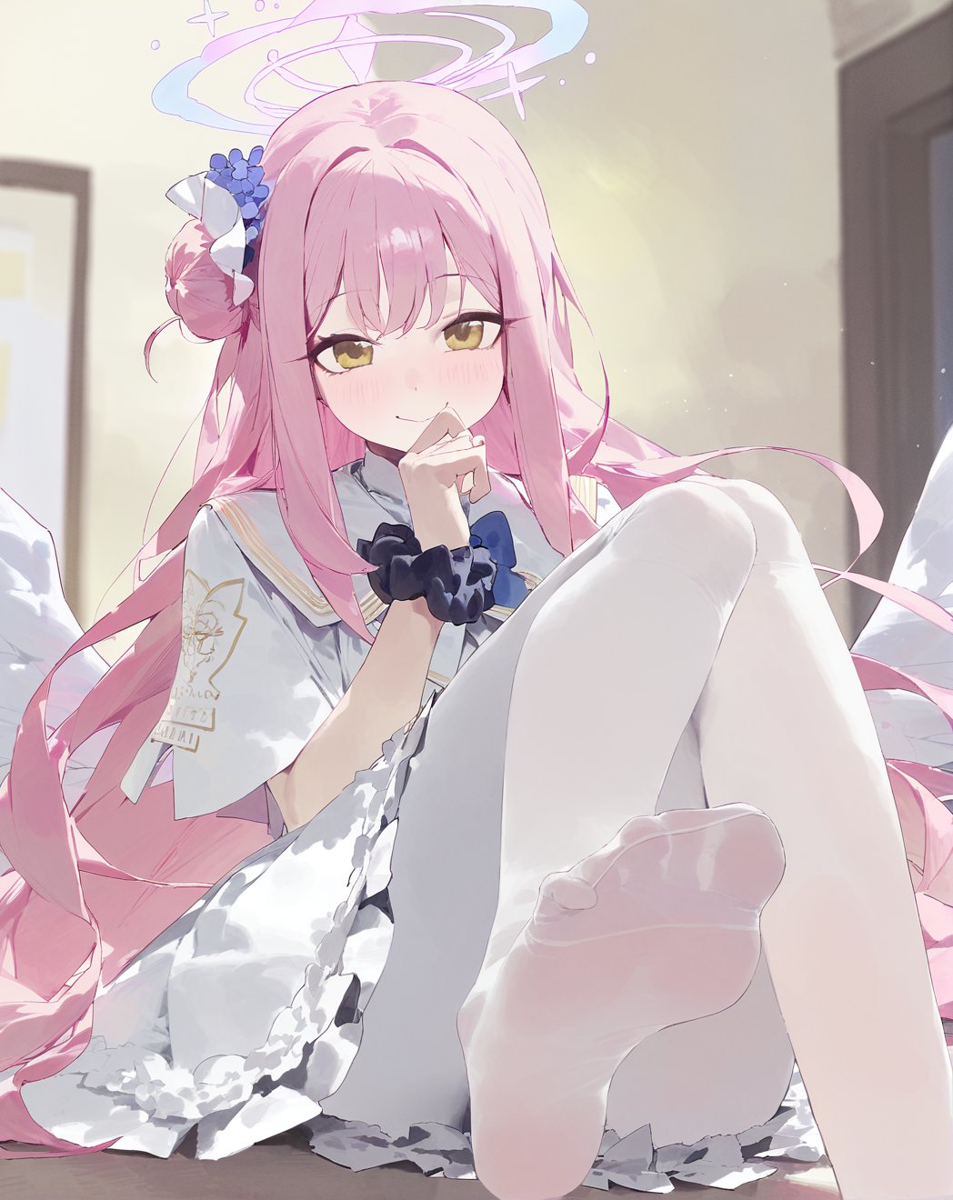 modare,1girl,mika (blue archive),solo,pink hair,wrist scrunchie,halo,scrunchie,long hair,single side bun,looking at viewer,dress,wings,sitting,yellow eyes,white pantyhose,hair ornament,white dress,hair bun,blurry,flower,pantyhose,white wings,hair flower,bangs,feet,capelet,depth of field,foreshortening,toes,indoors,barefoot,blush,blurry background,very long hair,feathered wings,white capelet,low wings,smile,angel wings,frills,light particles,frilled dress,soles,closed mouth,hair scrunchie,foot focus,legs,black scrunchie,foot out of frame,