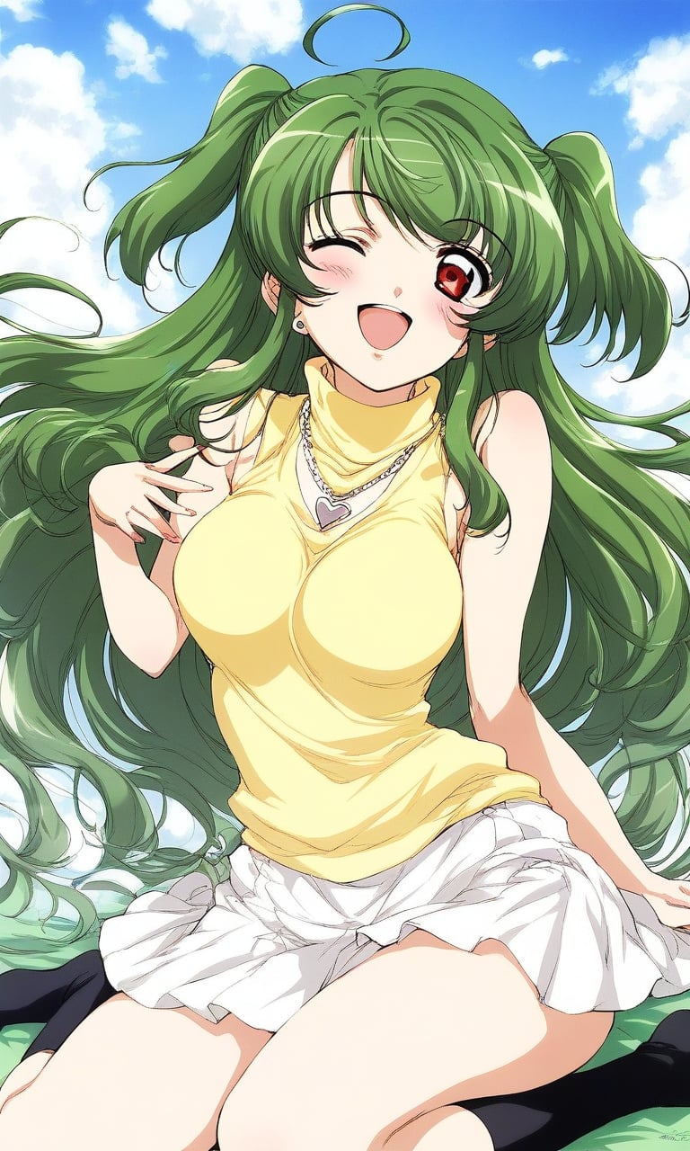 score_9, score_8_up, score_7_up, source_anime, rating_explicit, BREAK  <lora:Yoko_Inukami_XL:1> Yoko_Inukami, green hair,  very long hair, ahoge, red eyes, two side up, jewelry, necklace, breasts, one eye closed, white skirt, heart, blush, smile, open mouth, Yellow sleeveless, black socks, kneehighs, sleeveless turtleneckgrassland, sky, 