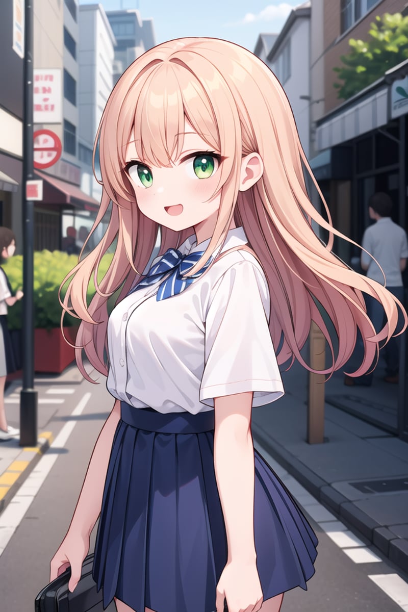 insanely detailed, absurdres, ultra-highres, ultra-detailed, best quality,1girl, solo, nice hands, perfect handsBREAKsummer school uniform, (plain dark blue skirt with many pleats:1.4), (striped indigo blue bowtie:1.3), short sleeves, white shirt, shirt with white button, shirt_tucked_inBREAK(breast pocket, vest, blazor, long sleeves, checked skirt, striped skirt, striped shirt, striped sleeves, bra visible through clothes, skirt with frill:-1)BREAK(nsfw:-1.5)BREAKsmile, open mouthBREAKfrom side,standing, cowboy shot, looking at viewerBREAKslender, kawaii, perfect symmetrical face, ultra cute girl, ultra cute face, ultra detailed eyes, ultra detailed hair, ultra cute, ultra beautifulBREAKin japanese street, cityscape in japan, depth of field, ultra detailed backgroundBREAKlarge breastsBREAKorange hair, green eyes, wavy hair,