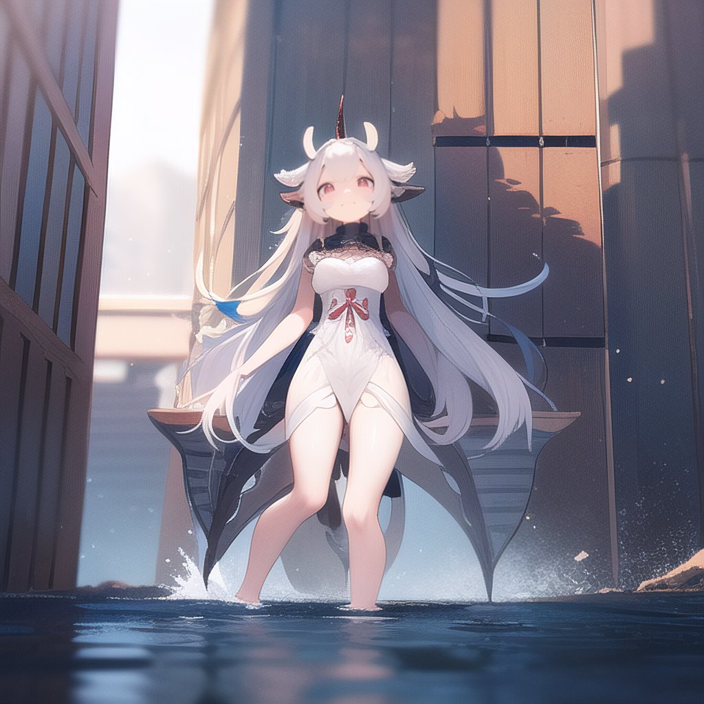 (masterpiece,  best quality,)  (ultra-detailed),kemono, a girl of eastern dragon,horn,hyper-detailed complex,emitting a sense of excitement,emitting a sense of sadness,pastel colors, full body, wading, 3d drawing,