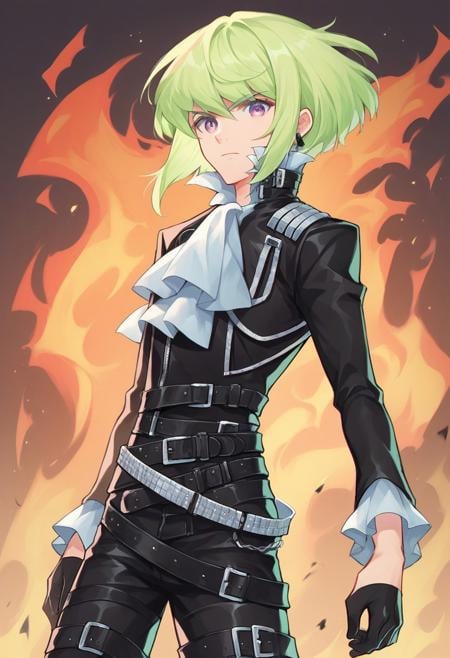 score_9, score_8_up, score_7_up, source_anime, highly detailed, lio, 1boy, solo, gloves, male focus, black gloves purple eyes, black jacket, ascot,jacket, green hair, fire, belt, earrings, half gloves, pyrokinesis, jewelry,biker clothes, looking at viewer, multiple belts