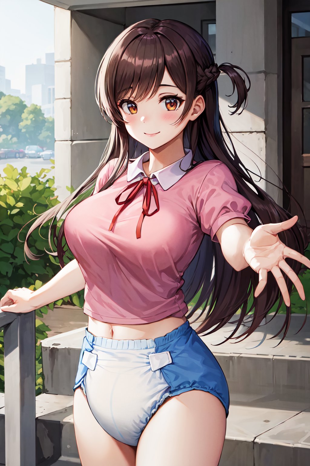 masterpiece, best quality, highres, 1girl, diaper, <lora:diaper_10:0.8>,, chi1, 1girl, long hair, braid, one side up, red ribbon, pink shirt, bangs, neck ribbon, puffy short sleeves, large breasts, <lora:mizuhara_chizuru_v4:0.6>, reaching out, outdoors, smile