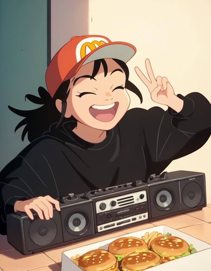 score_9,  score_8_up, score_7_up, source_anime, <lora:kikimac-ponyxl-000009:0.9> 1girl, solo, kikimac, streetwear, baseball cap,v, laughing, closed eyes, boombox, mcdonald's