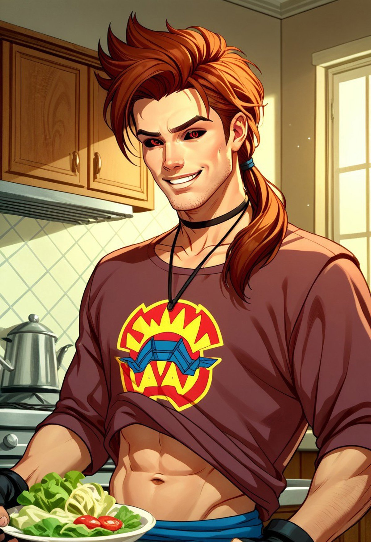 Dsk_Remy_Lebeau, 1boy, auburn hair, black gloves, black sclera, choker, colored sclera, facial hair, fingerless gloves, gloves, holding, indoors, jewelry, kitchen, salad tongs, long hair, male focus, navel, necklace, low ponytail, red eyes, shirt, smile, solo, stubble, upper body, extreme light and shadow, portrait photography, cinematic lighting, cinematic angle, score_9, score_8_up, score_7_up, score_6_up, score_5_up, score_4_up,