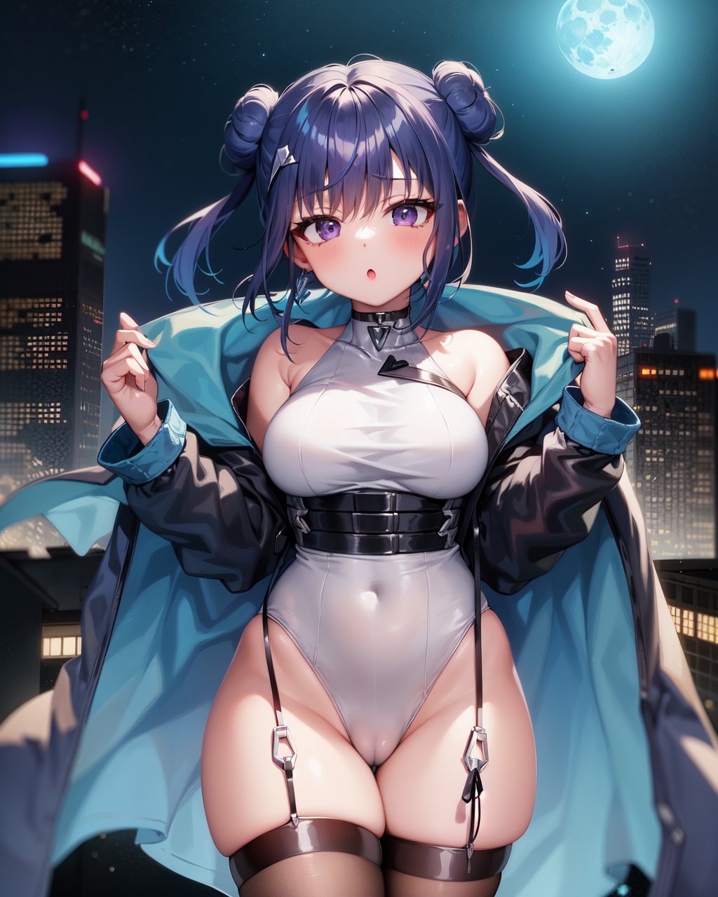 1girl, lillaslf1, blue hair, purple eyes, double bun, white leotard, black straps, oversized blue jacket, black legwear, black garter straps, :o, outdoors, city, night sky, blue ambient lighting, cyberpunk, moon,<lora:lillav3:1>