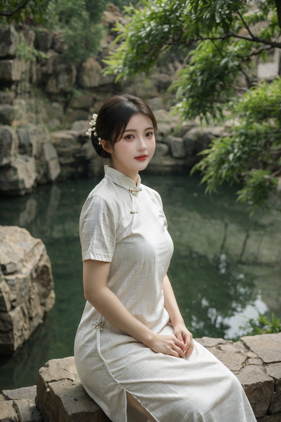 <lora:yuanlin_muggle:0.6>,yuanlin muggle,upper body,looking at viewer,smile,yuanlin muggle,1girl,black hair,sitting,holding,hair bun,chinese clothes,single hair bun,realistic,blurry,dress,lips,short sleeves,rock,blurry background,outdoors,