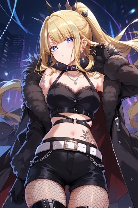 score_9, score_8_up, score_7_up, score_6_up, 1girl, <lora:Neo:0.9> neo, long hair, blonde hair, solo, gloves, black gloves, thigh boots, blue eyes, white belt, black crown, looking at viewer, fur trim, shorts, groin tattoo, earrings, black shorts, ponytail, jewelry, fishnets, pantyhose, belt, rave