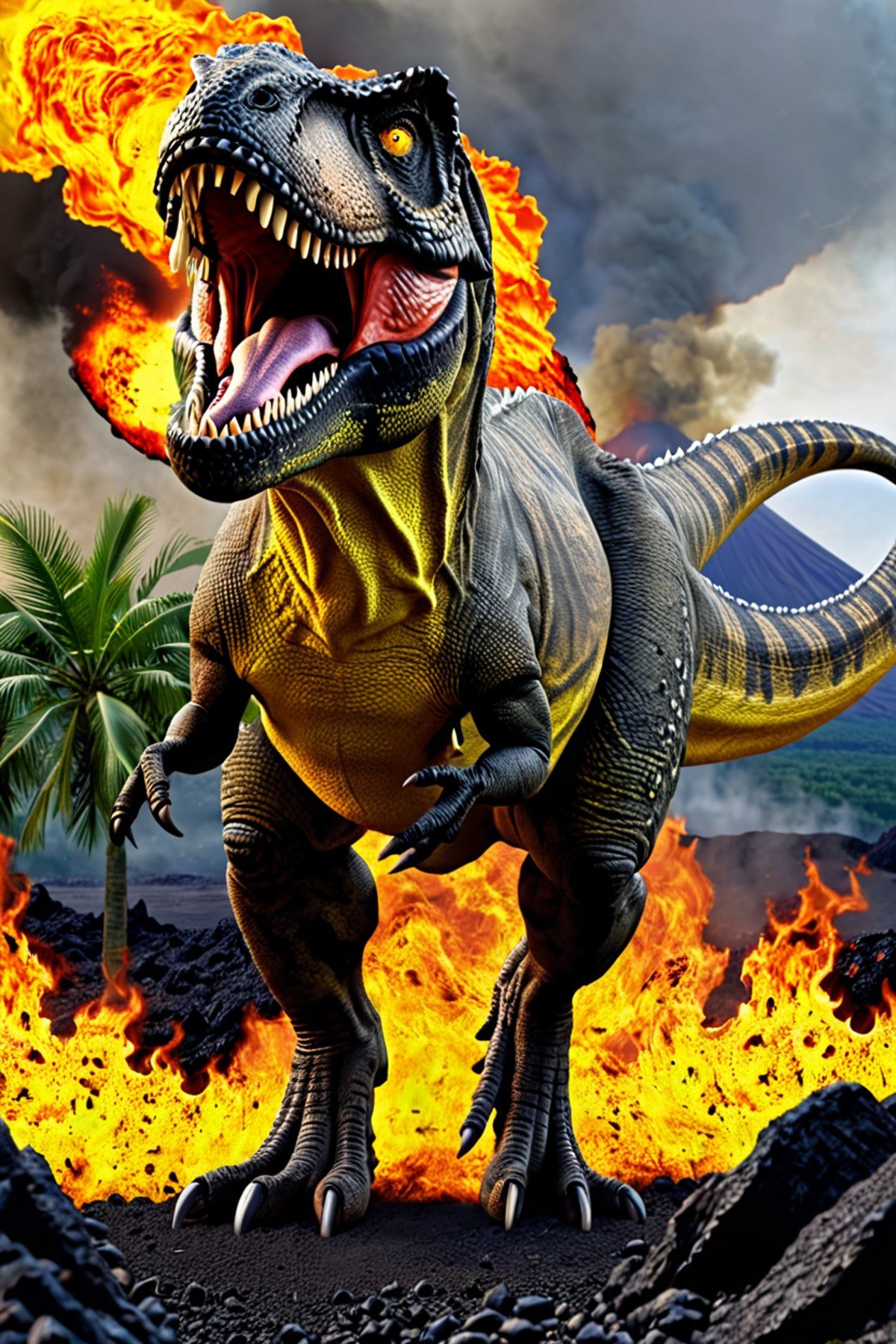 ((masterpiece, best quality)), high resolution, 32k picture, realistic,   zzTrex, solo, therapod, open mouth, yellow eyes, scales, kaijuu,  (fire:1.2), volcano, lava,   ,<lora:Trex_Dinosaur_XL:0.7>