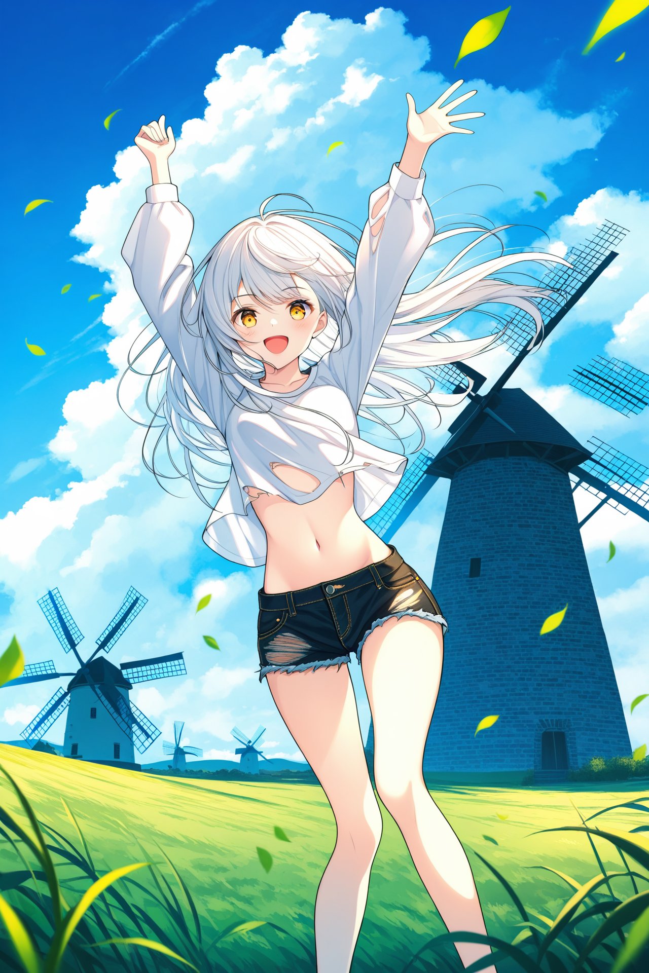 (masterpiece),(best quality),illustration,ultra detailed,hdr,Depth of field,(colorful),1girl,solo,outdoors,shorts,sky,long hair,cloud,navel,falling leaves,cutoffs,arms up,crop top,smile,grass,windmill,midriff,day,black shorts,long sleeves,floating hair,stomach,wind,blue sky,standing,open mouth,shirt,short shorts,denim,white hair,white shirt,yellow eyes,:d,torn shorts,feet out of frame,looking at viewer,denim shorts,leaf,thighs,