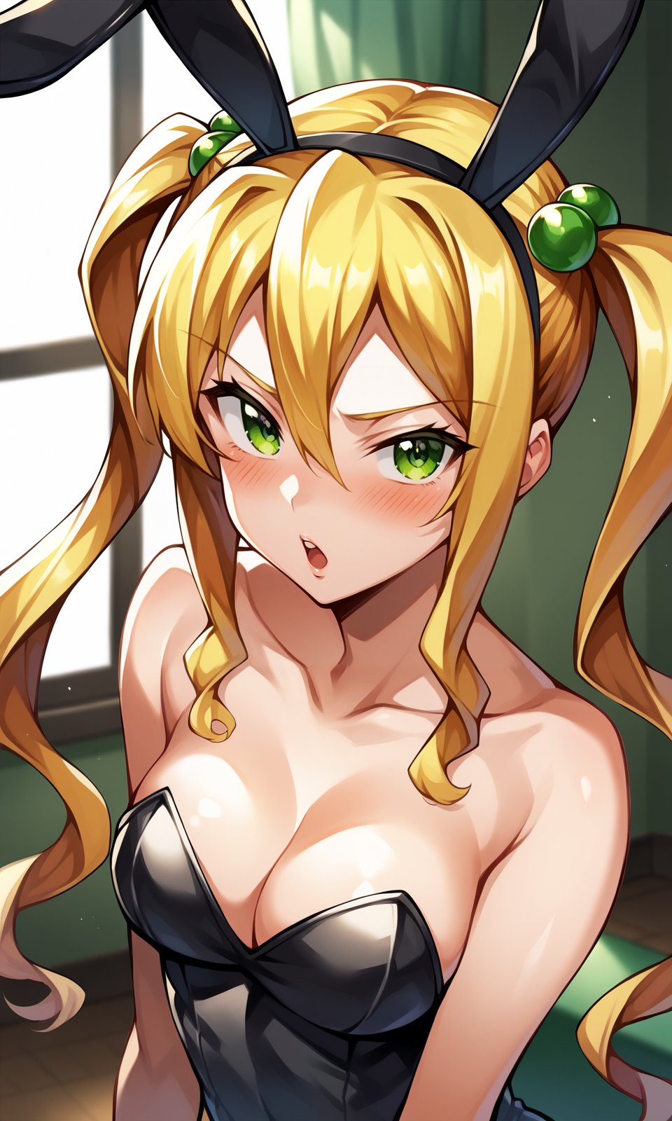 score_9, score_8_up, score_7_up, score_6_up, BREAK1girl, himegamikodama, blonde hair, blush, cleavage, collarbone, green eyes, hair between eyes, long hair, looking at viewer,  shiny,  twintails,fake animal ears, rabbit ears, highleg leotard, strapless, black clothes,indoors, cassino,<lora:HimegamiKodama_Pony:1>