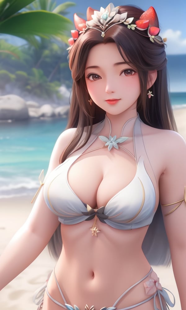 (,1girl, ,best quality, )<lora:DA_颜如玉V2-遮天:0.6>, ,masterpiece, fantasy, realistic,science fiction,mole, ultra realistic 8k cg, ,tamari \(flawless\)	,large breasts,    upper body, (),,strawberry blossoms,((bikini)),beach, waving,