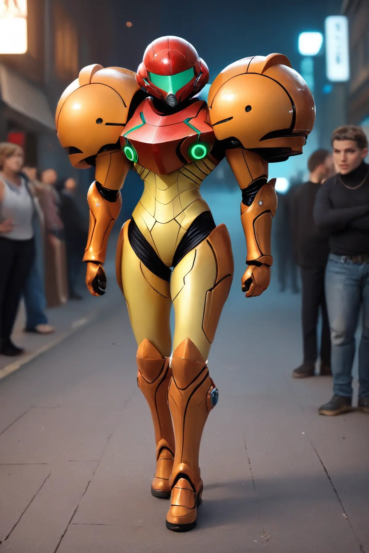 score_9, score_8_up, score_7_up, masterpiece, high quality <lora:Samus AranPonyLora:0.8> 1girl, helmet, power suit (metroid) on a street. crowd of people